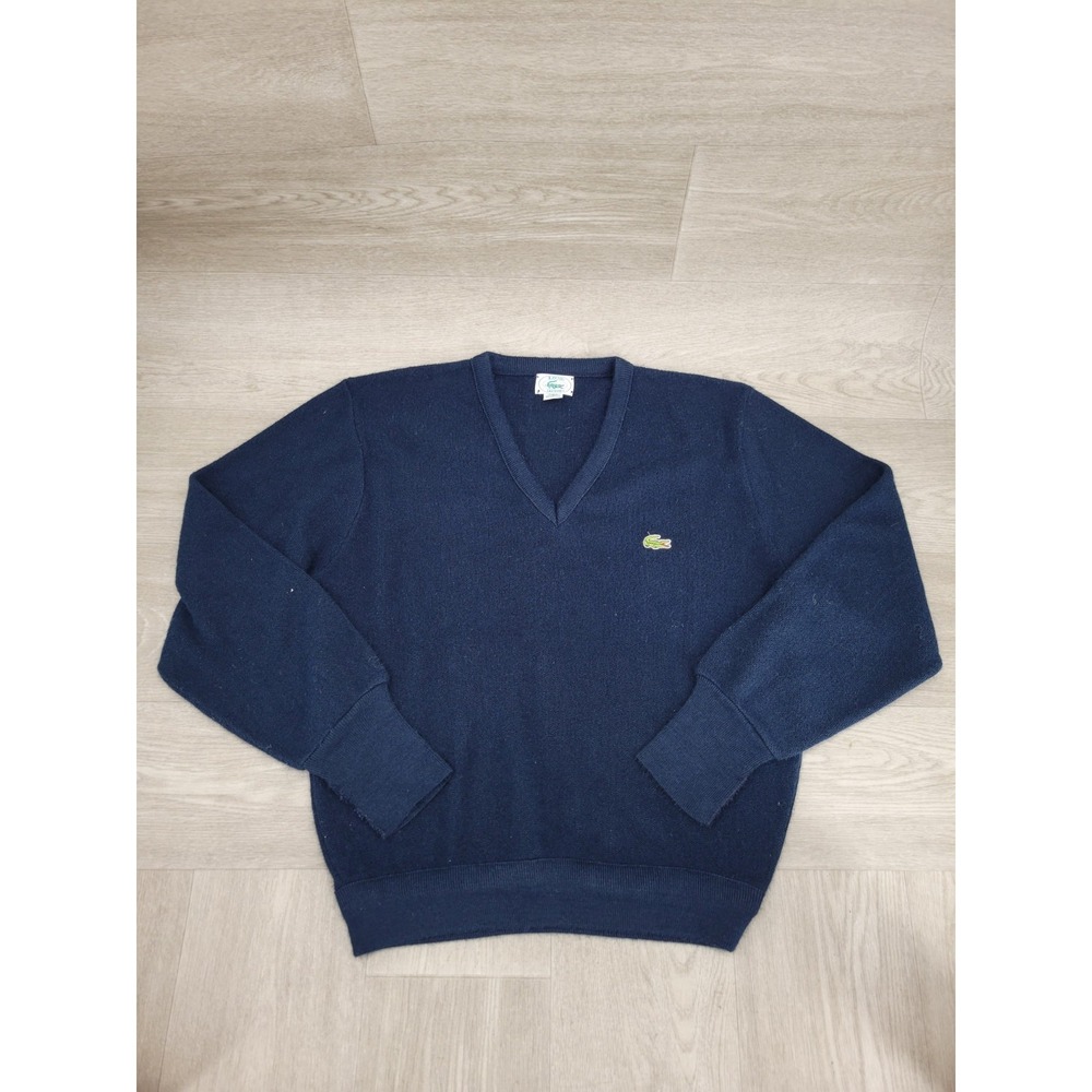 Vintage IZOD Lacoste Mens M Navy Blue V-Neck Pullover Sweater Preppy Logo